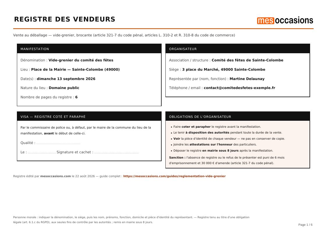 Page de garde du registre des vendeurs : manifestation, organisateur, emplacement du visa de la mairie.