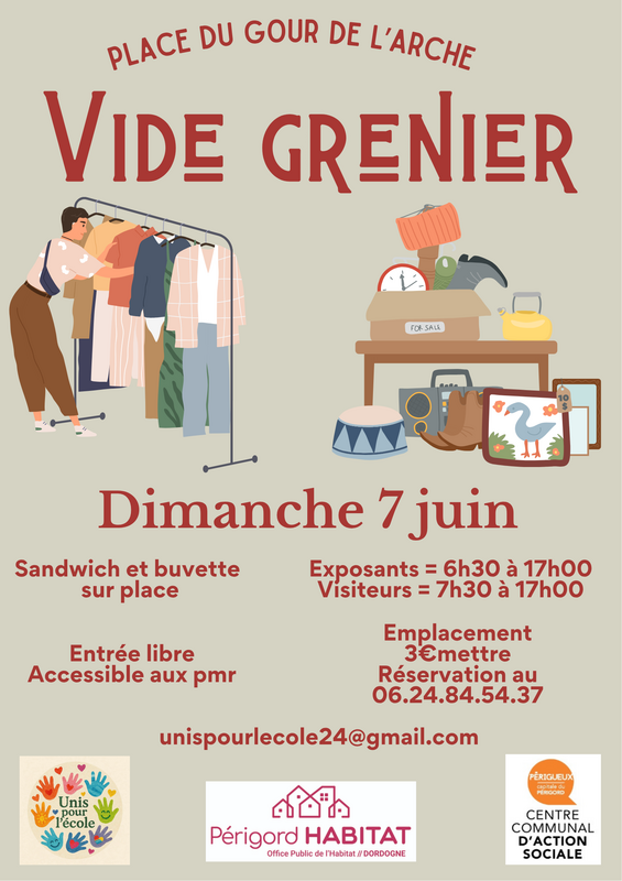Affiche Vide-grenier Unis pour l'École - Place du Gour de l'Arche - Périgueux