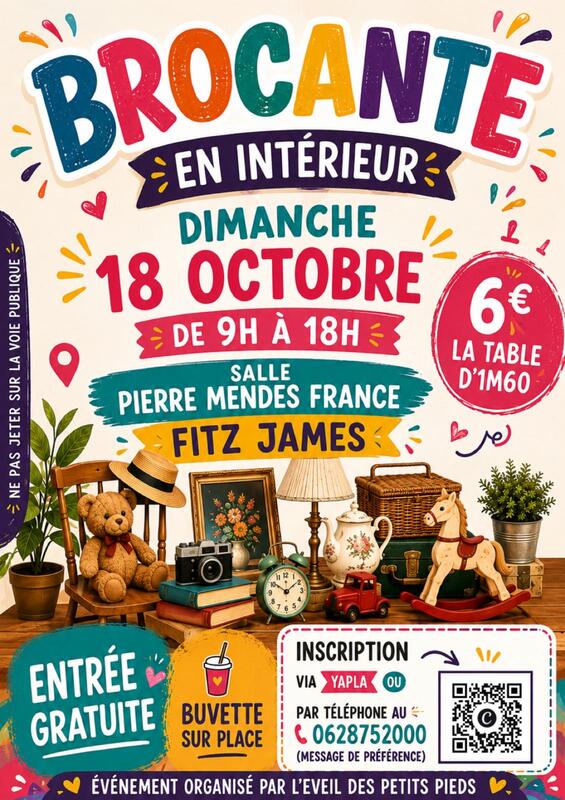 Affiche Brocante en intérieur de l'Éveil des Petits Pieds à Fitz-James