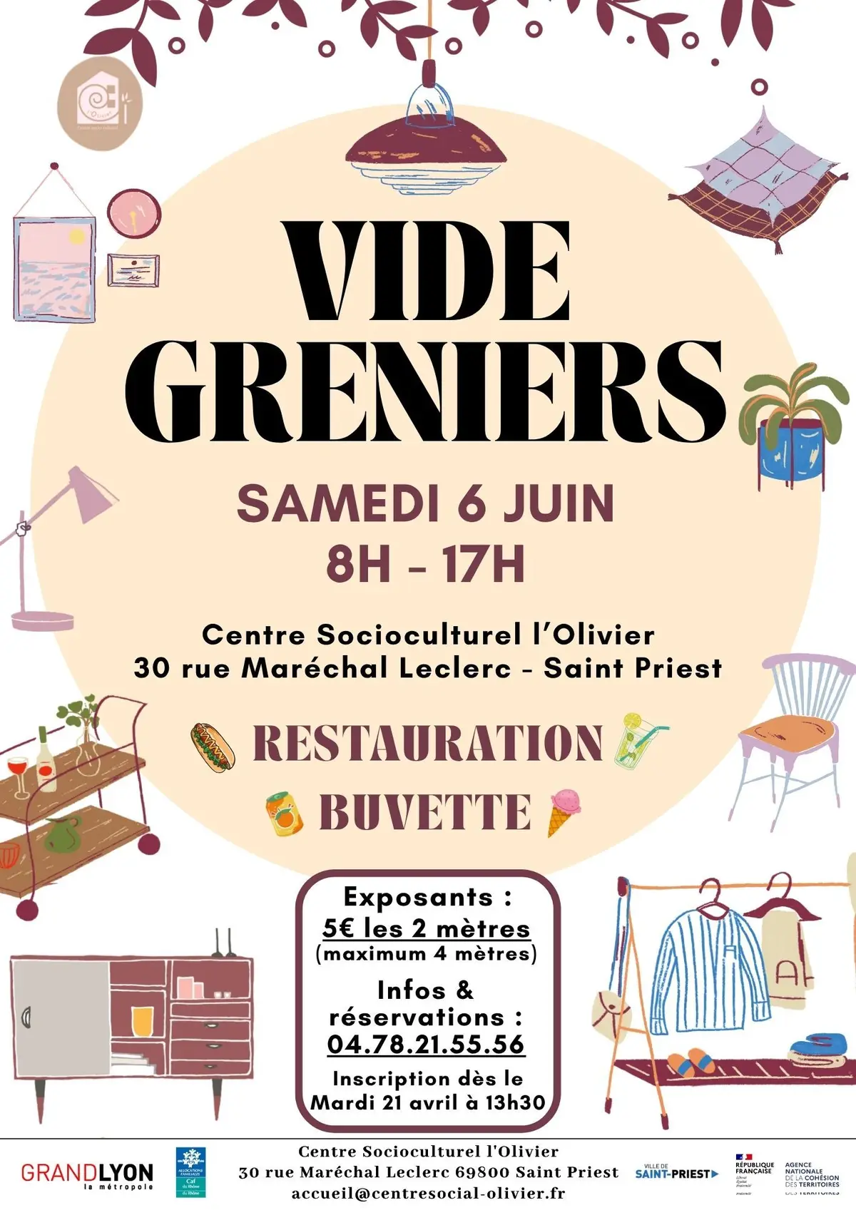 Affiche Vide-greniers Centre Socioculturel l'Olivier - Saint-Priest - Métropole de Lyon