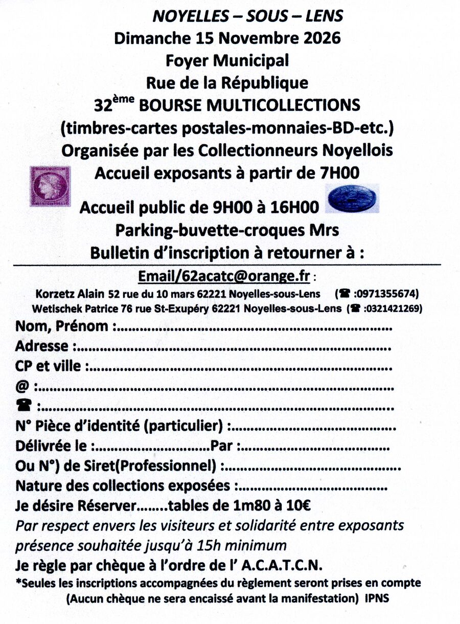 Affiche Bourse multicollections Noyelles-sous-Lens dimanche 15 novembre 2026 (62)
