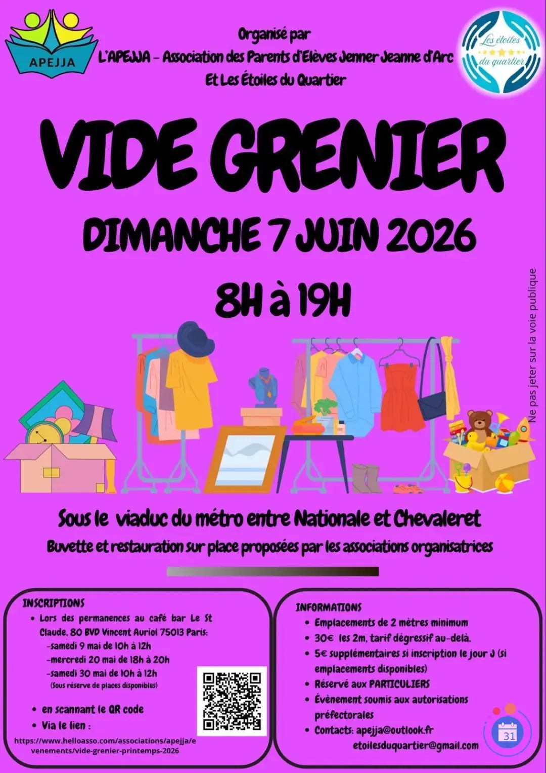 Affiche Vide-grenier APEJJA - Sous le viaduc du métro Nationale/Chevaleret