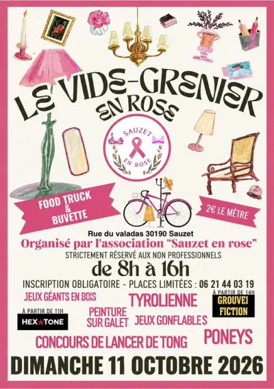 Affiche Vide-grenier en rose de l'association Sauzet en rose à Sauzet