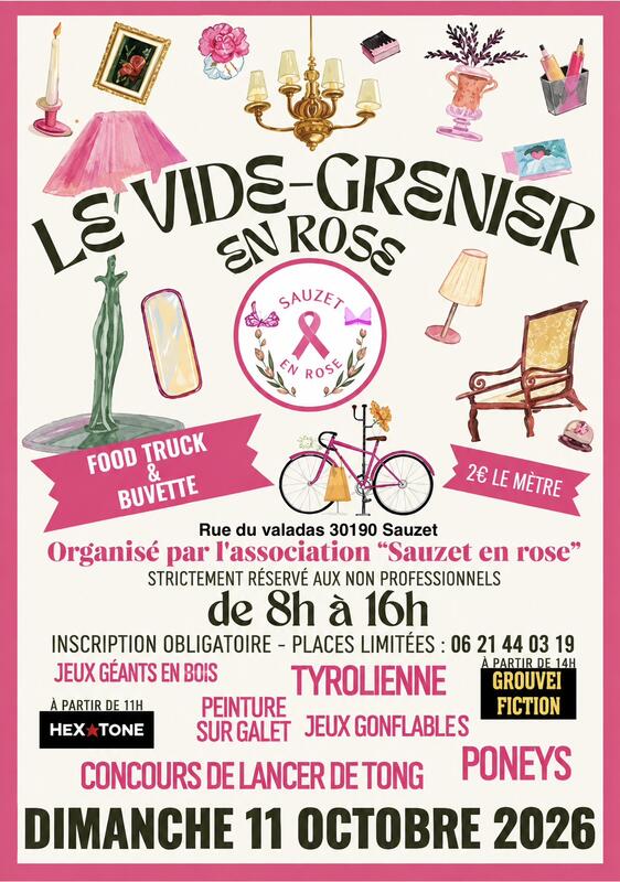 Affiche Vide-grenier en rose de l'association Sauzet en rose à Sauzet