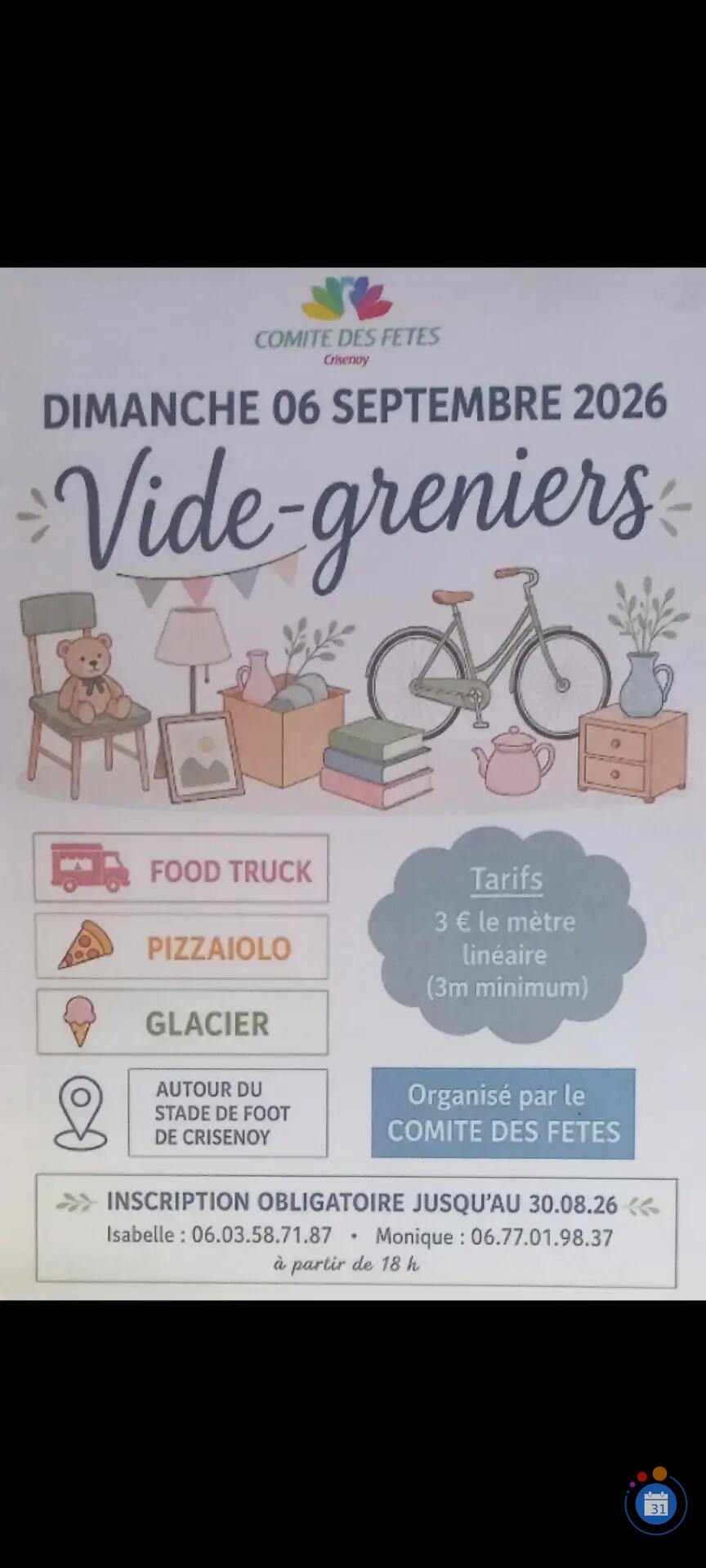 Affiche Vide-grenier Crisenoy dimanche 6 septembre 2026 (77390)