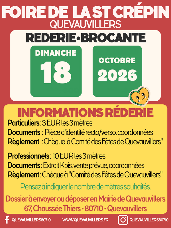 Affiche Foire de la Saint-Crépin, réderie brocante de Quevauvillers