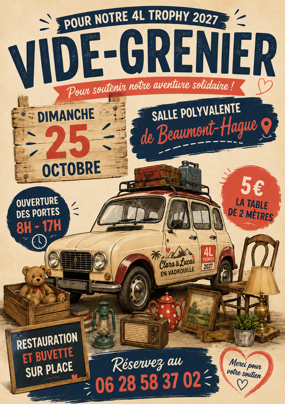 Affiche Vide-grenier pour le 4L Trophy à La Hague