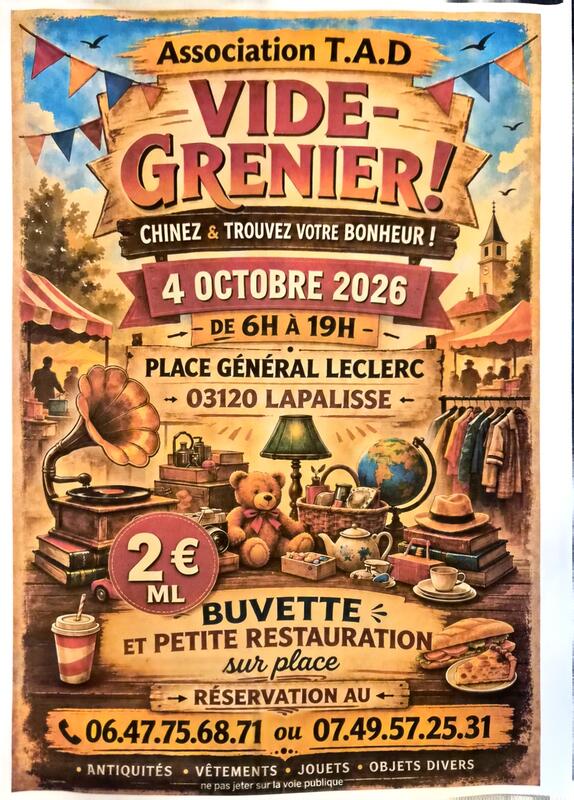 Affiche Vide-grenier de l'association T.A.D à Lapalisse