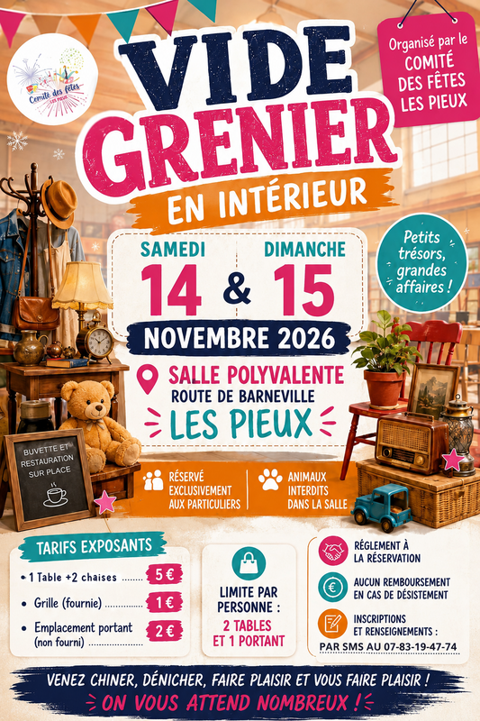 Affiche Vide-grenier en intérieur du Comité des fêtes des Pieux