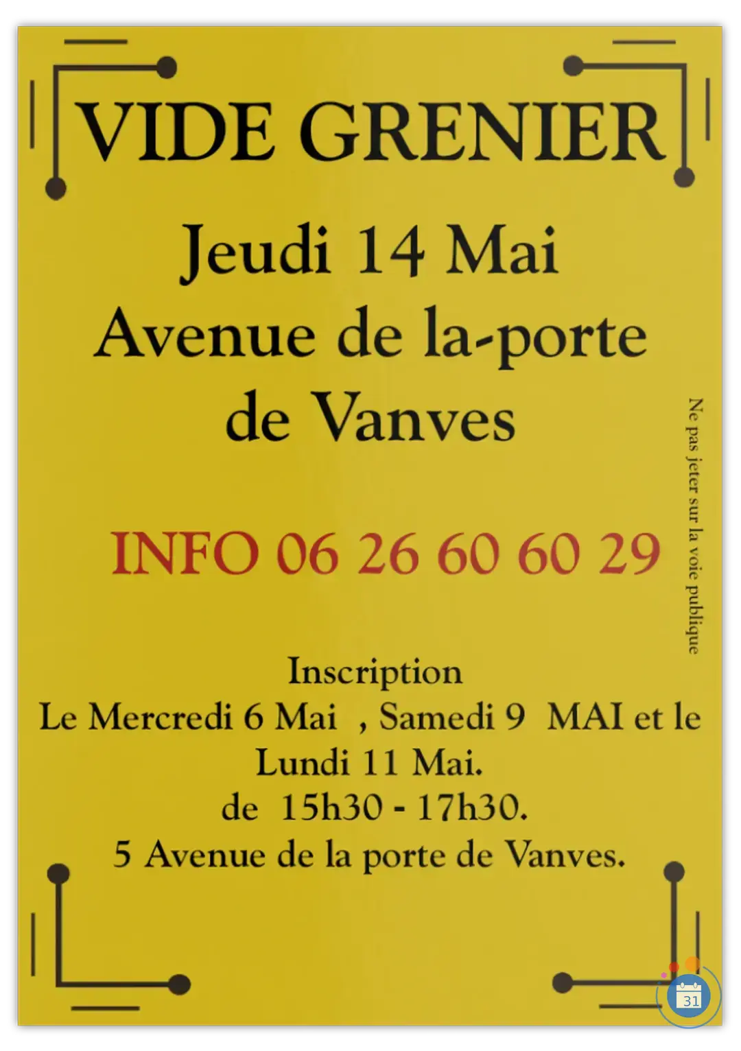 Affiche Vide grenier Avenue de la porte de Vanves