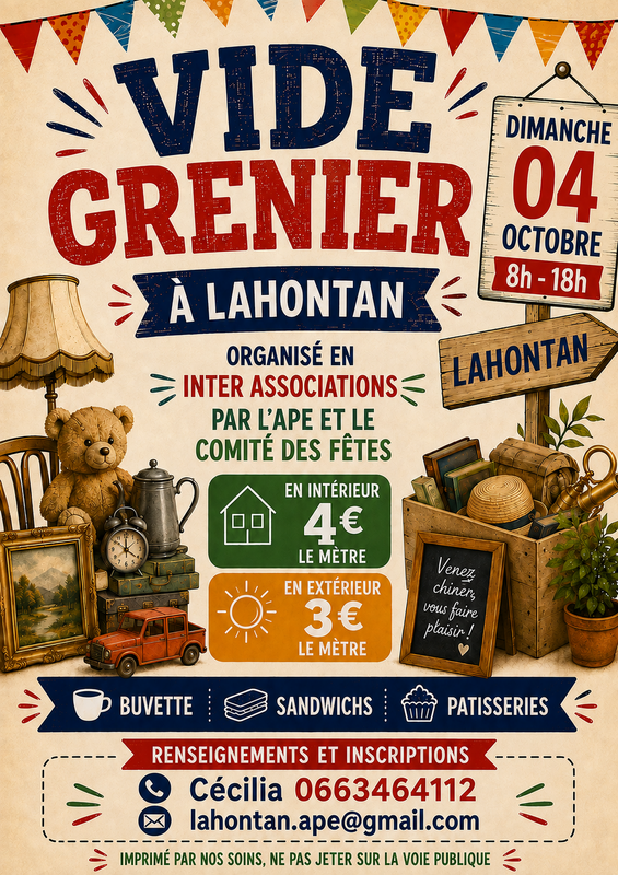 Affiche Vide-grenier de l'APE et du comité des fêtes à Lahontan