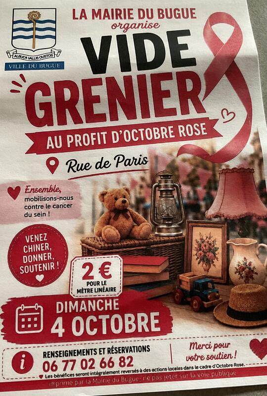 Affiche Vide-grenier d'Octobre rose de la mairie du Bugue