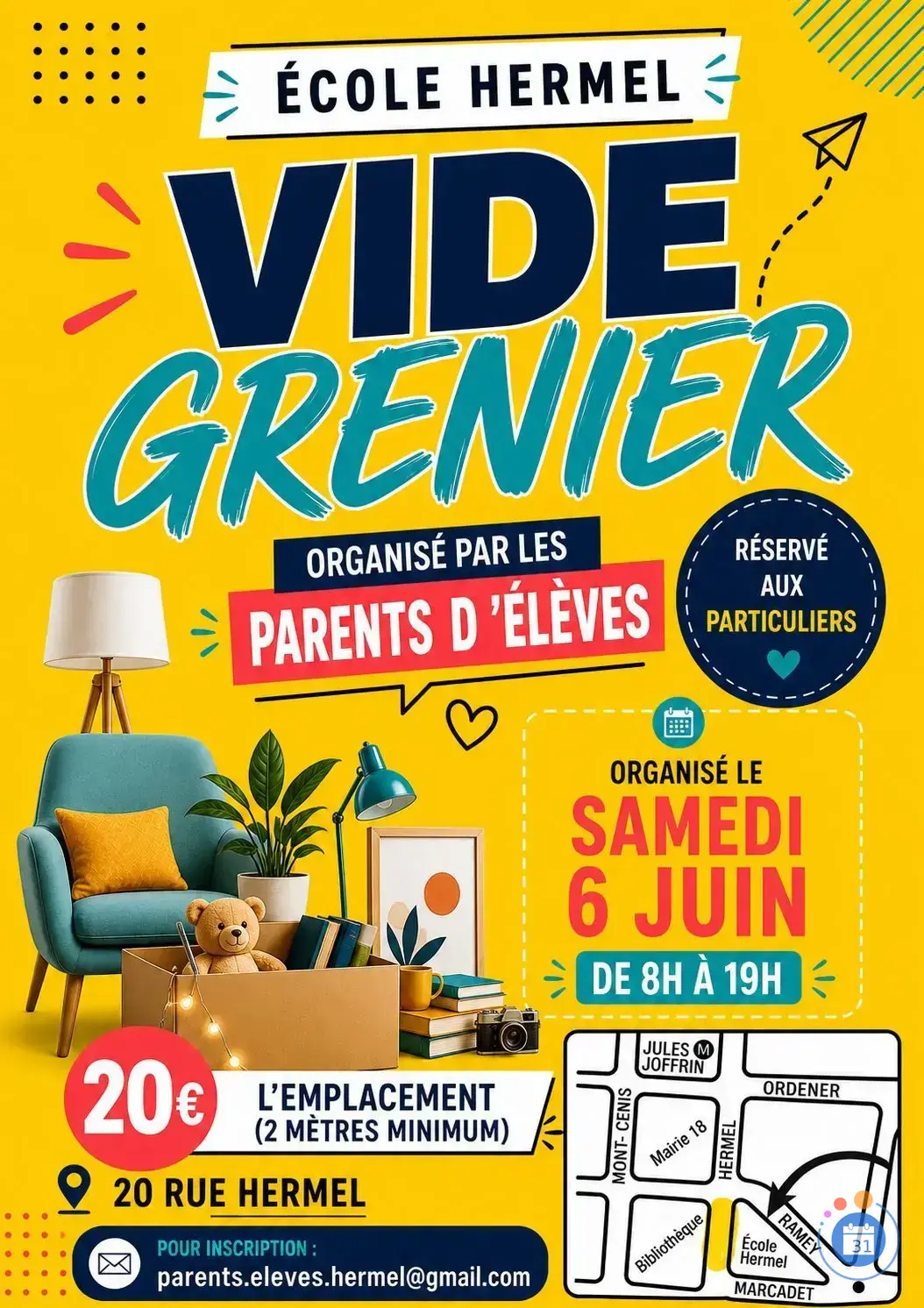Affiche Vide grenier de l'association des parents d'élèves de l'école Hermel