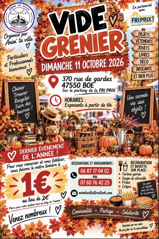 Affiche Vide-grenier d'automne d'Anim'ta ville à Boé
