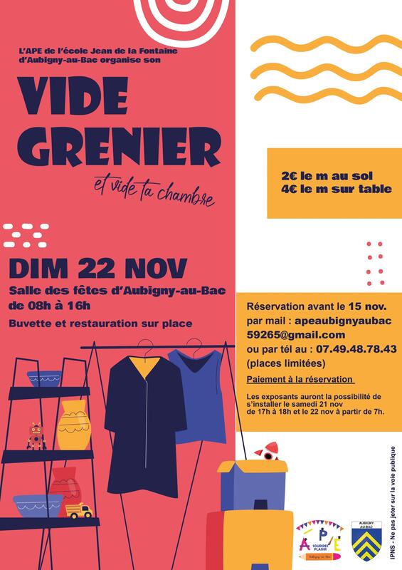 Affiche Vide-grenier et vide ta chambre de l'APE à Aubigny-au-Bac