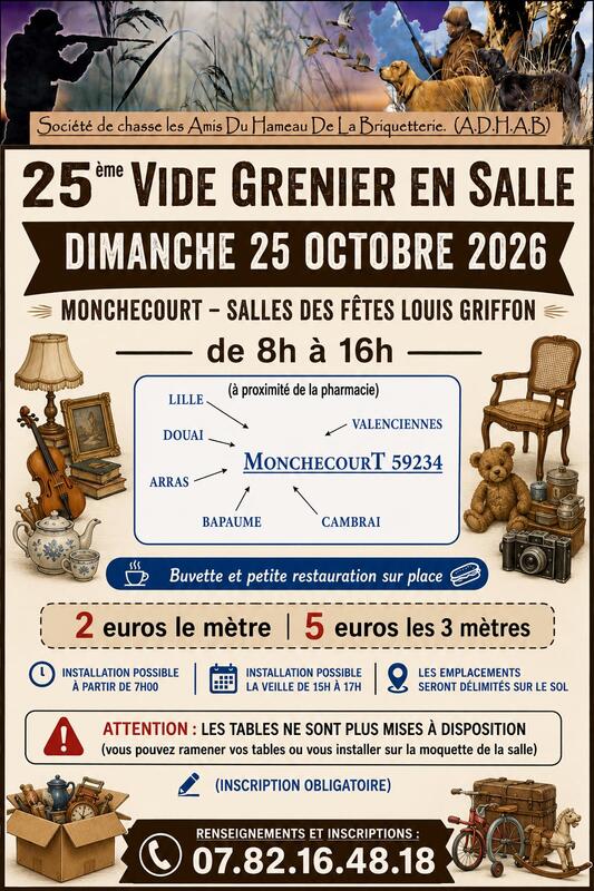Affiche Vide-grenier en salle des Amis du Hameau de la Briqueterie à Monchecourt
