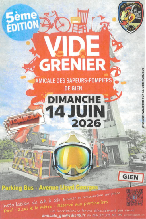 Affiche Vide-grenier Sapeurs-Pompiers de Gien dimanche 14 juin 2026 (45500)