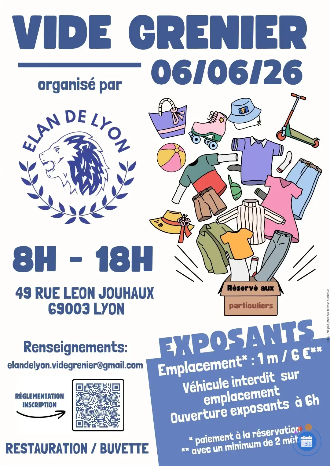 Affiche Vide-grenier Élan de Lyon - Rue Léon Jouhaux - Lyon 3e
