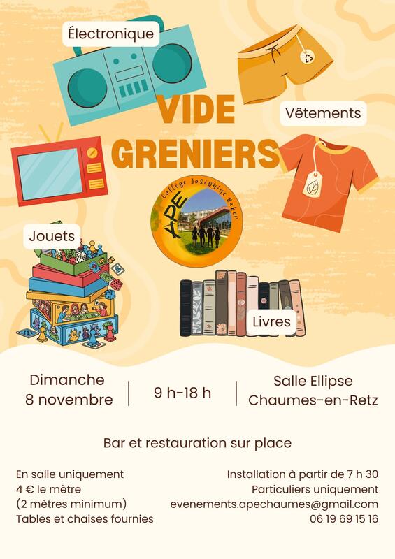 Affiche Vide-greniers de l'APE du collège Joséphine Baker à Chaumes-en-Retz