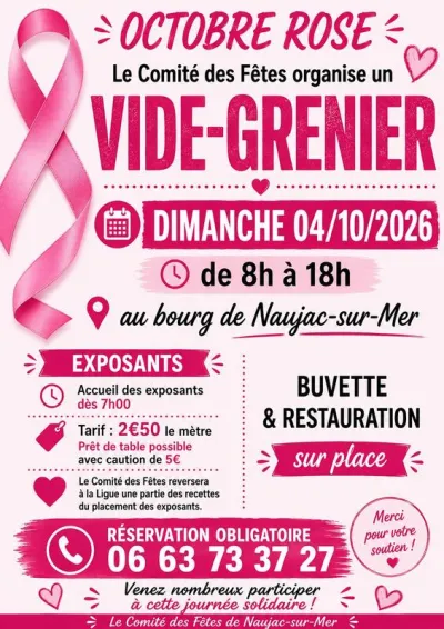 Affiche Vide-grenier Octobre rose du Comité des fêtes à Naujac-sur-Mer