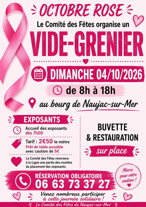 Affiche Vide-grenier Octobre rose du Comité des fêtes à Naujac-sur-Mer