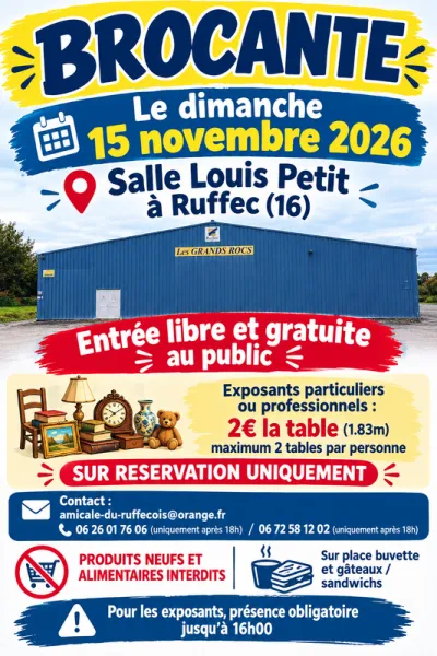 Affiche Brocante en salle à Ruffec, salle Louis Petit