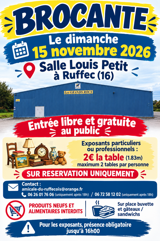 Affiche Brocante en salle à Ruffec, salle Louis Petit