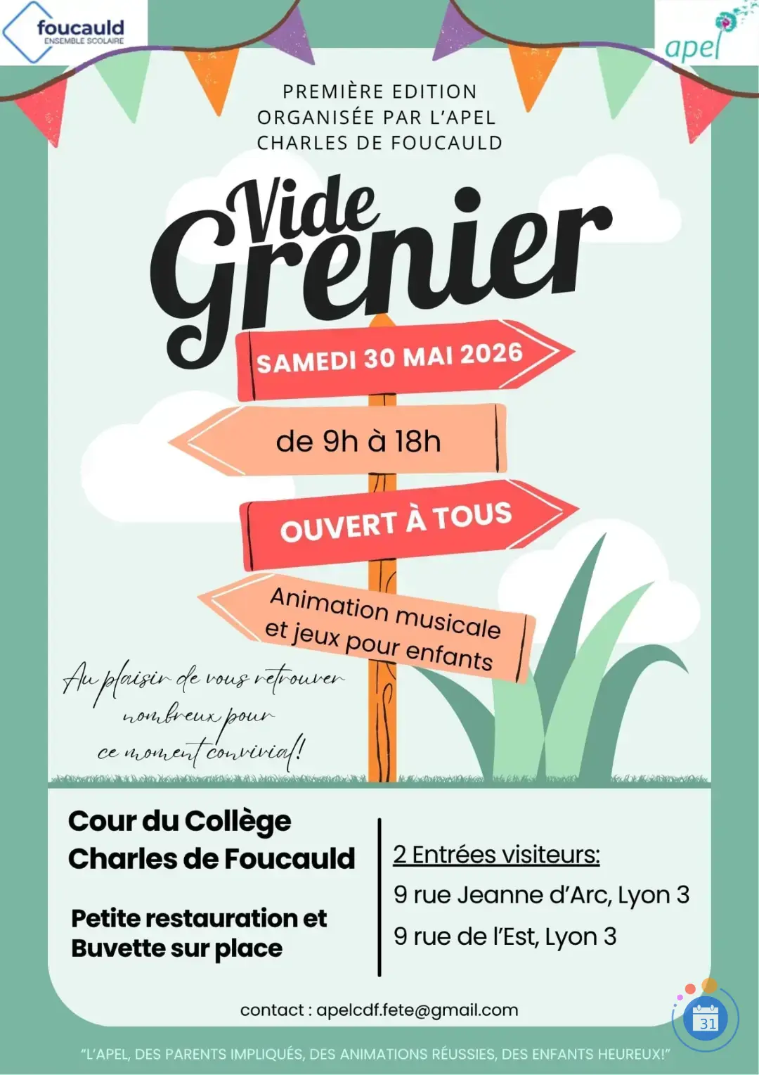 Affiche 1re édition Vide-grenier APEL Charles de Foucauld - Lyon 3e