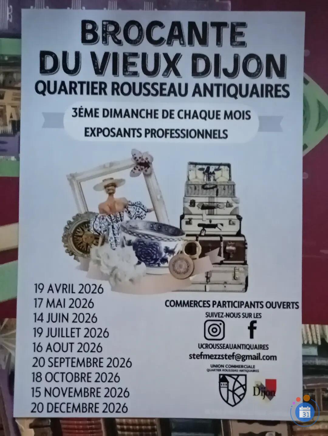 Affiche Brocante du Vieux Dijon Quartier Rousseau Antiquaires dimanche 20 decembre 2026 (21000)