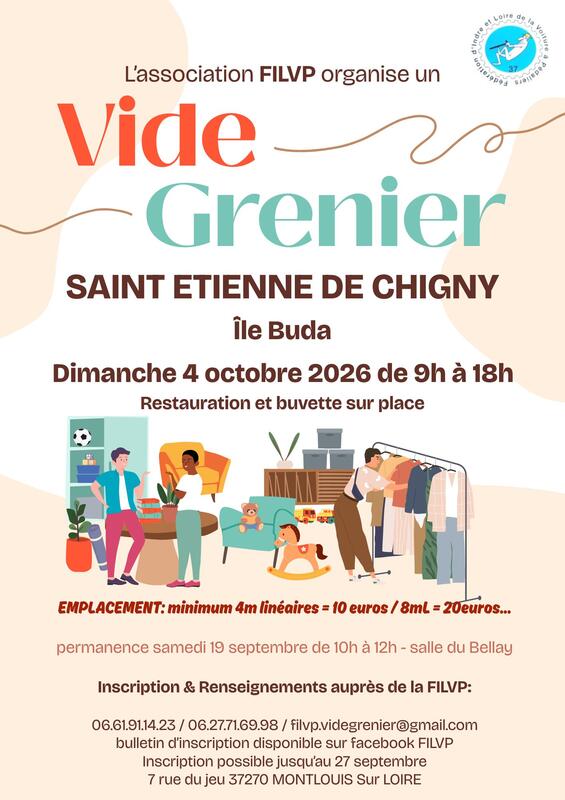 Affiche Vide-grenier de la FILVP sur l'île Buda à Saint-Étienne-de-Chigny