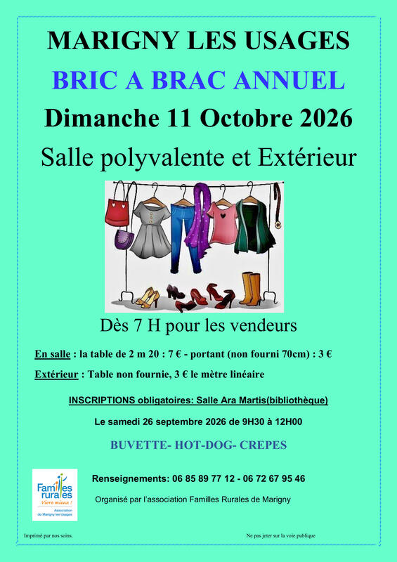 Affiche Bric à brac annuel des Familles Rurales à Marigny-les-Usages