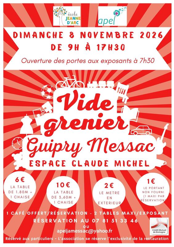 Affiche Vide-grenier de l'APEL de l'école Jeanne d'Arc à Guipry-Messac