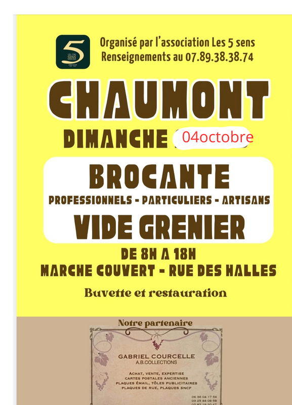 Affiche Brocante et vide-grenier de l'association Les 5 sens à Chaumont