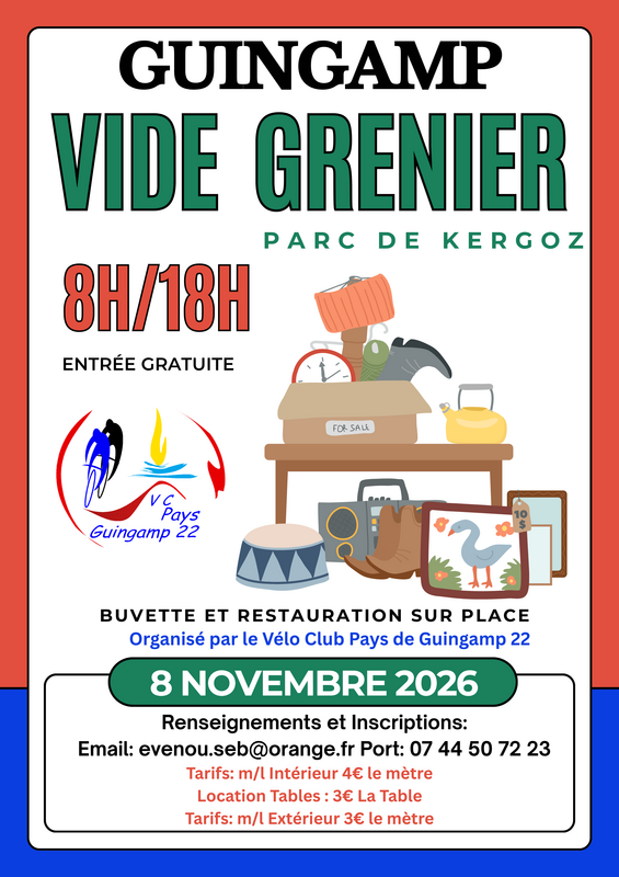 Affiche Vide-grenier du Vélo Club Pays de Guingamp au parc de Kergoz