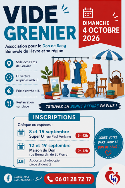 Affiche Vide-grenier du Don de Sang à Graville, Le Havre