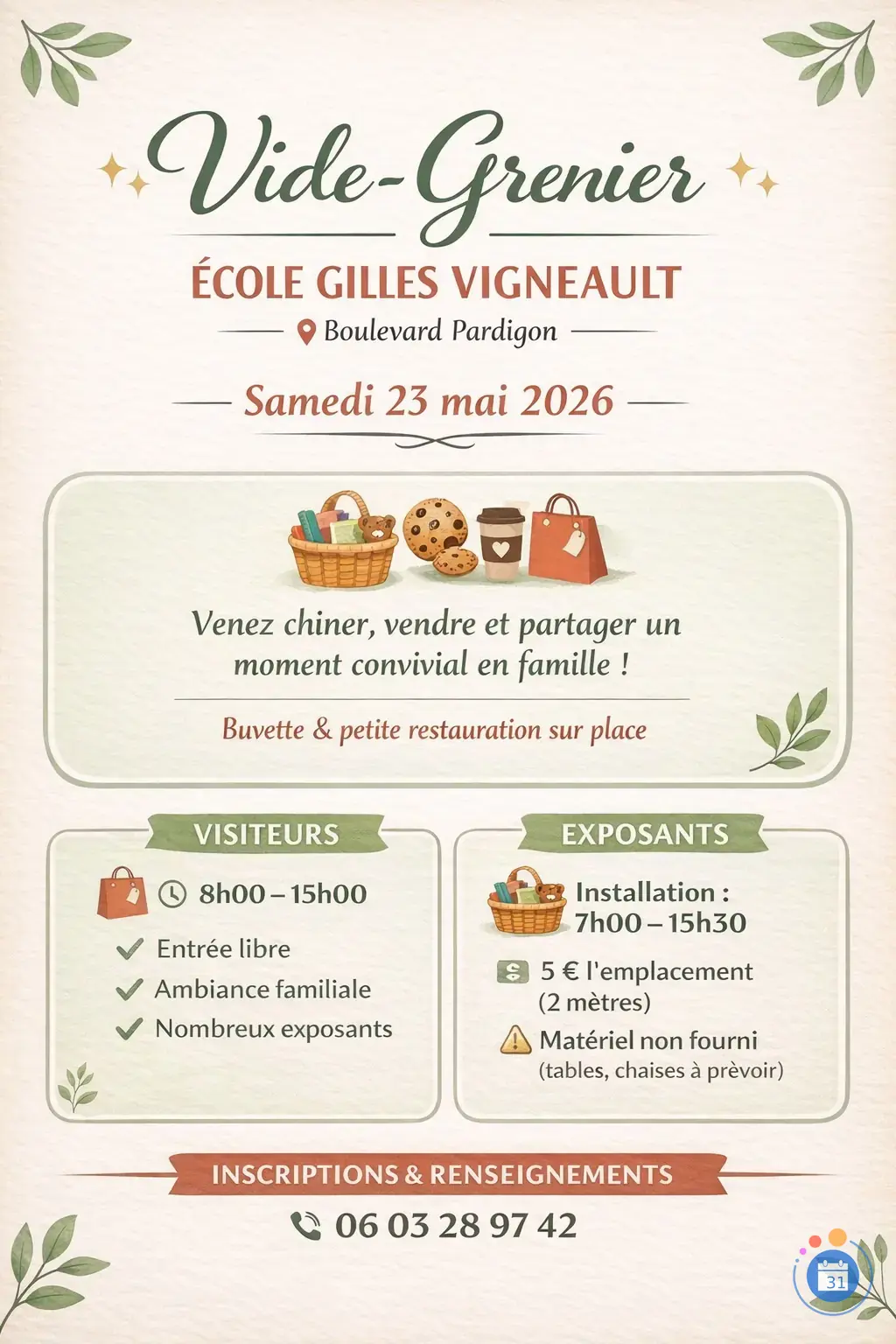 Affiche Vide-grenier École Gilles Vigneault - Marseille 4e