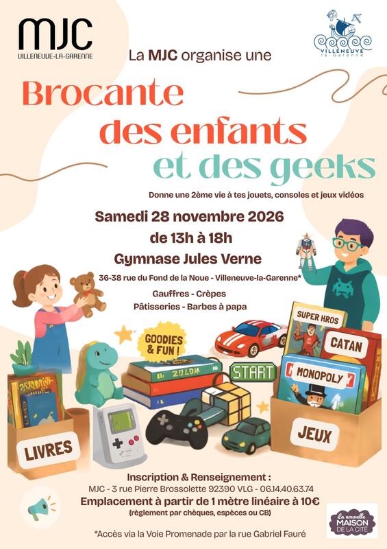 Affiche Brocante des enfants et des geeks de la MJC à Villeneuve-la-Garenne