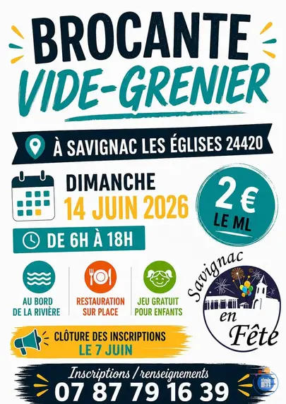 Affiche Brocante vide-grenier Savignac-les-Eglises dimanche 14 juin 2026 (24420)