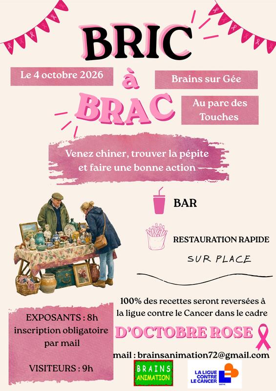 Affiche Bric à brac d'Octobre Rose de Brains Animation à Brains-sur-Gée
