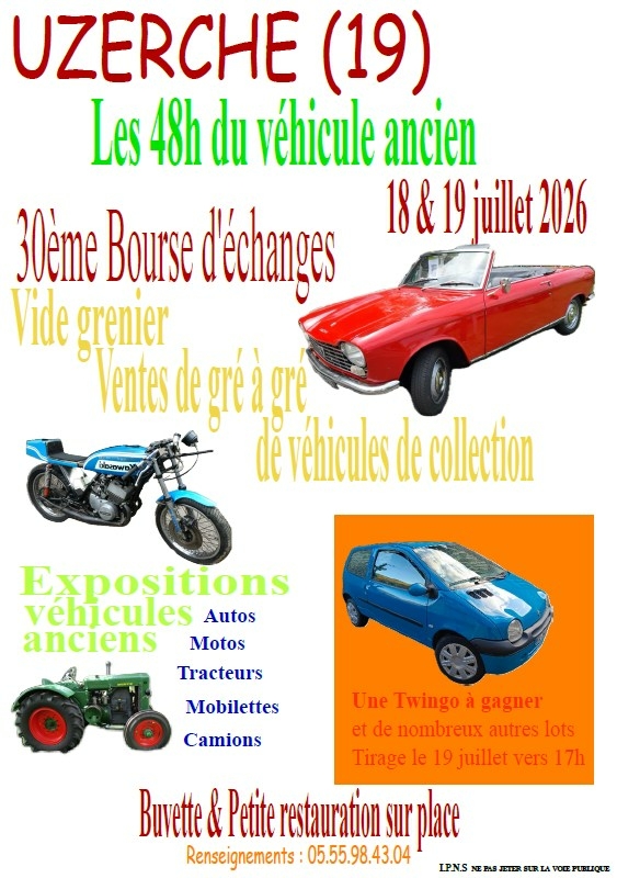 Affiche Vide-grenier 48h du véhicule ancien Uzerche 18 et 19 juillet 2026 (19140)