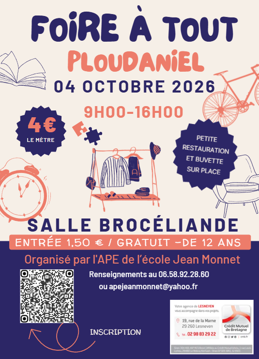 Affiche Foire à tout de l'APE de l'école Jean Monnet à Ploudaniel
