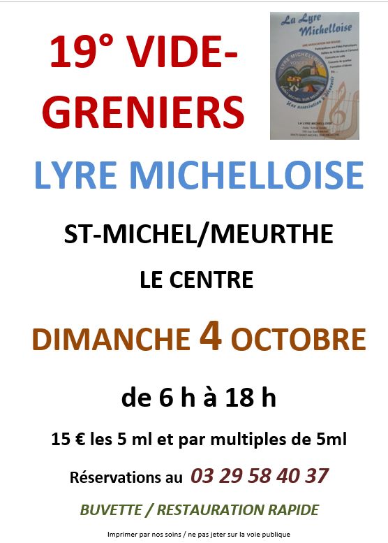 Affiche Vide-greniers de la Lyre Michelloise à Saint-Michel-sur-Meurthe