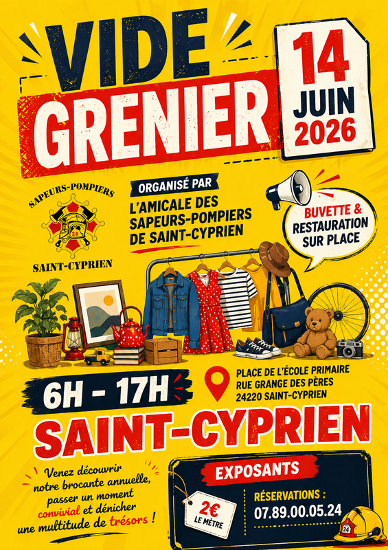 Affiche Vide-grenier Amicale des Sapeurs-Pompiers - Saint-Cyprien - Dordogne