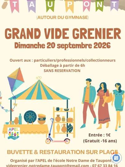 Affiche Grand Vide-Grenier - APEL École Notre-Dame - Taupont - Morbihan