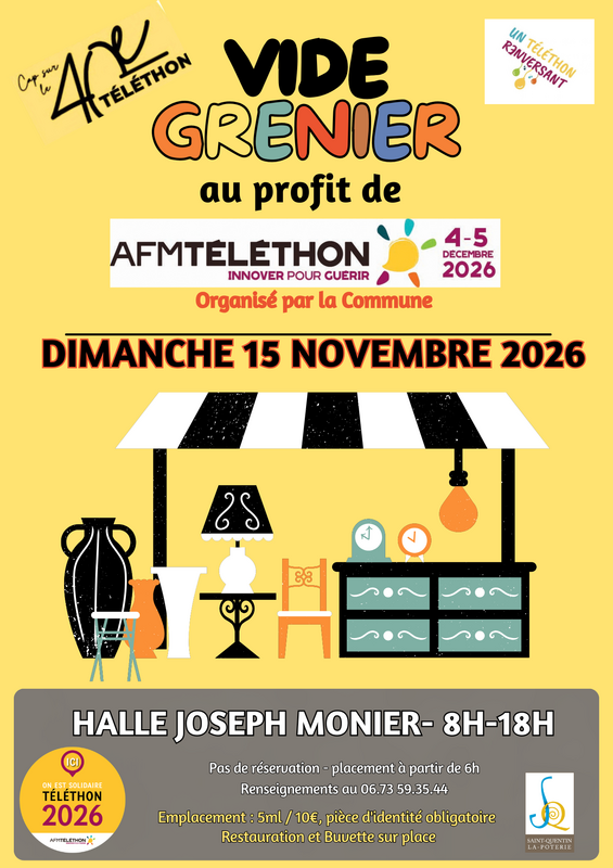 Affiche Vide-grenier au profit du Téléthon à Saint-Quentin-la-Poterie