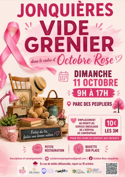 Affiche Vide-greniers d'Octobre Rose au Parc des Peupliers à Jonquières