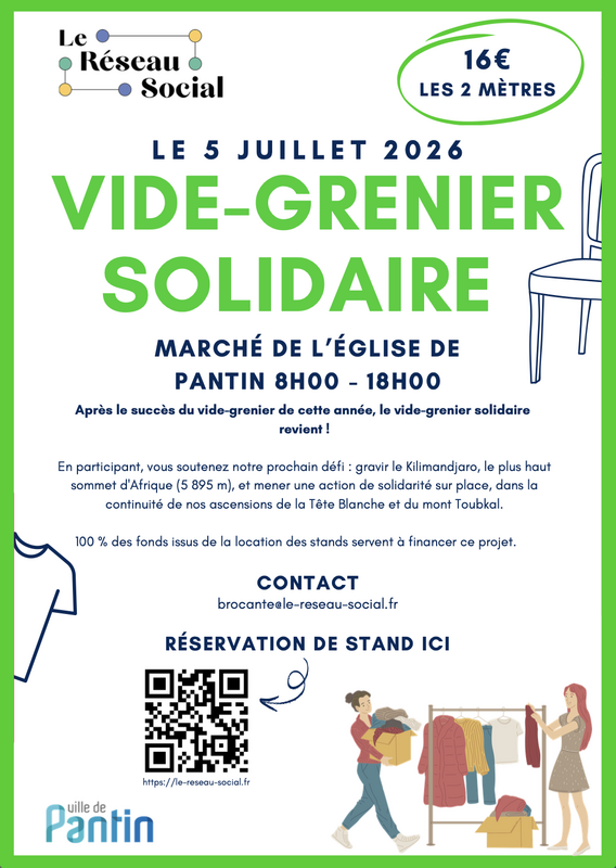 Affiche Vide-grenier solidaire Le Réseau Social - Marché de l'Église - Pantin