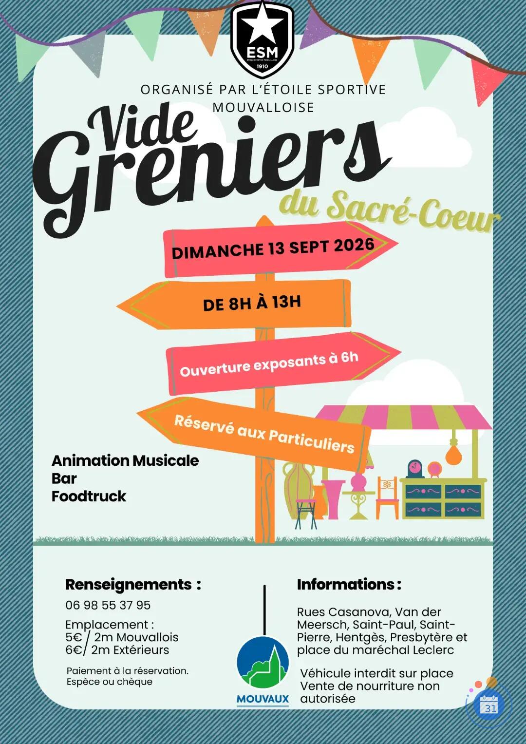 Affiche Vide-Greniers du Sacré-Coeur à Mouvaux dimanche 13 septembre 2026 (Nord 59)