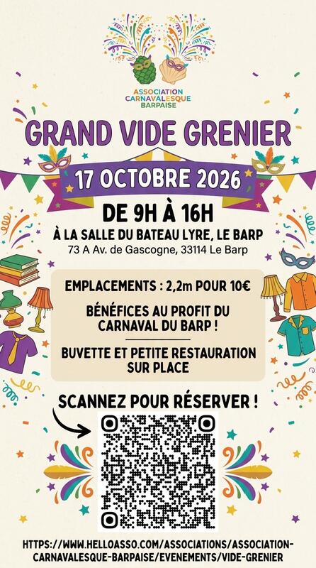 Affiche Grand vide-grenier de l'Association carnavalesque barpaise au Barp