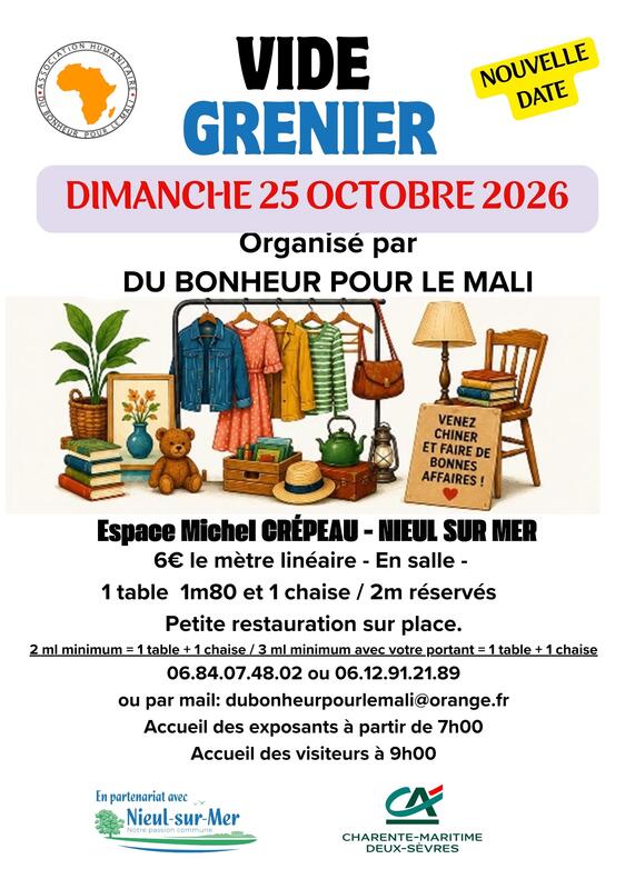 Affiche Vide-grenier de Du Bonheur pour le Mali à Nieul-sur-Mer